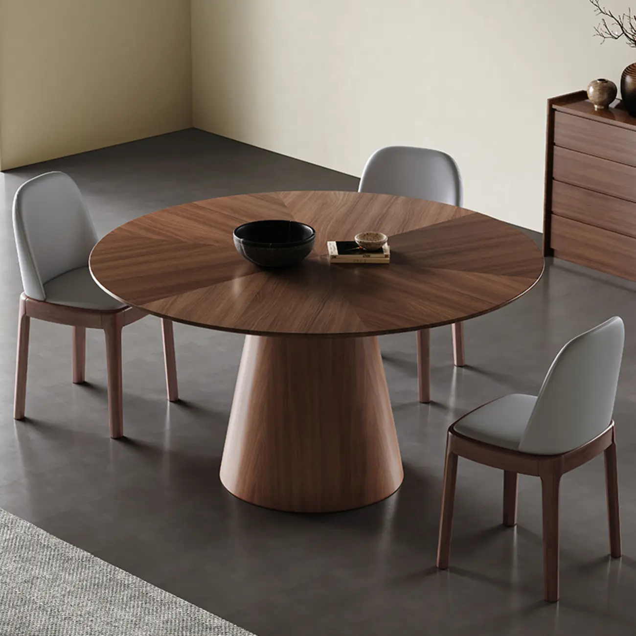 Modern Simple Round Walnut-Brown Wood Dining Table