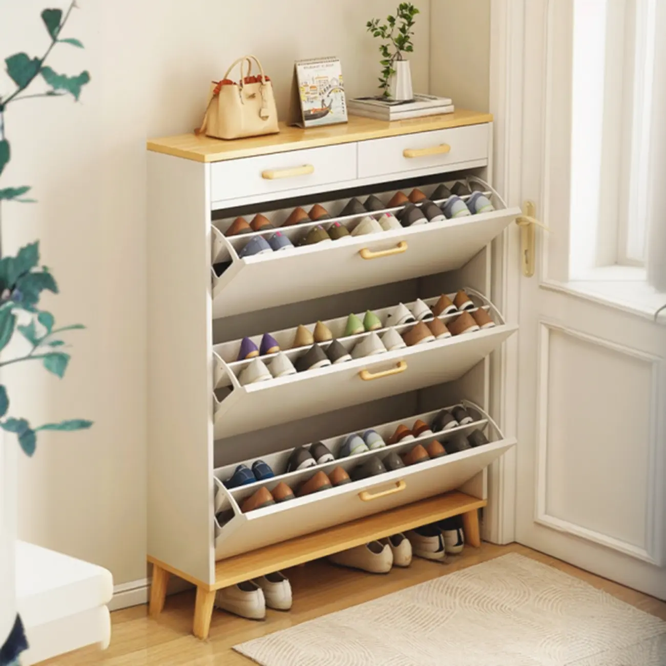 Entryway Modern Wood Shoe Cabinet with Flip-Out Drawer