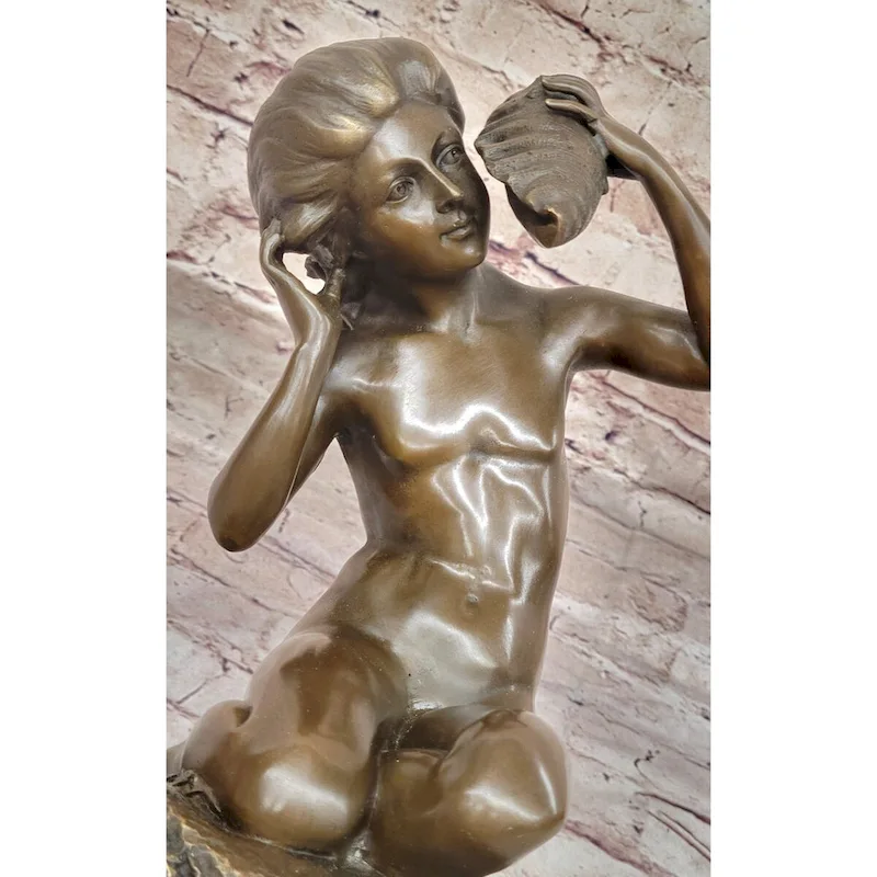 Young Girl Holding A Conch Shell - Bronze Sculpture Figure On Marble Base By Carpeaux