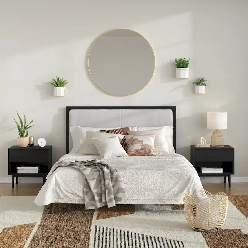 Low-Profile Platform Bed with Padded Headboard – Walnut / Natural / Tan / Black, Queen