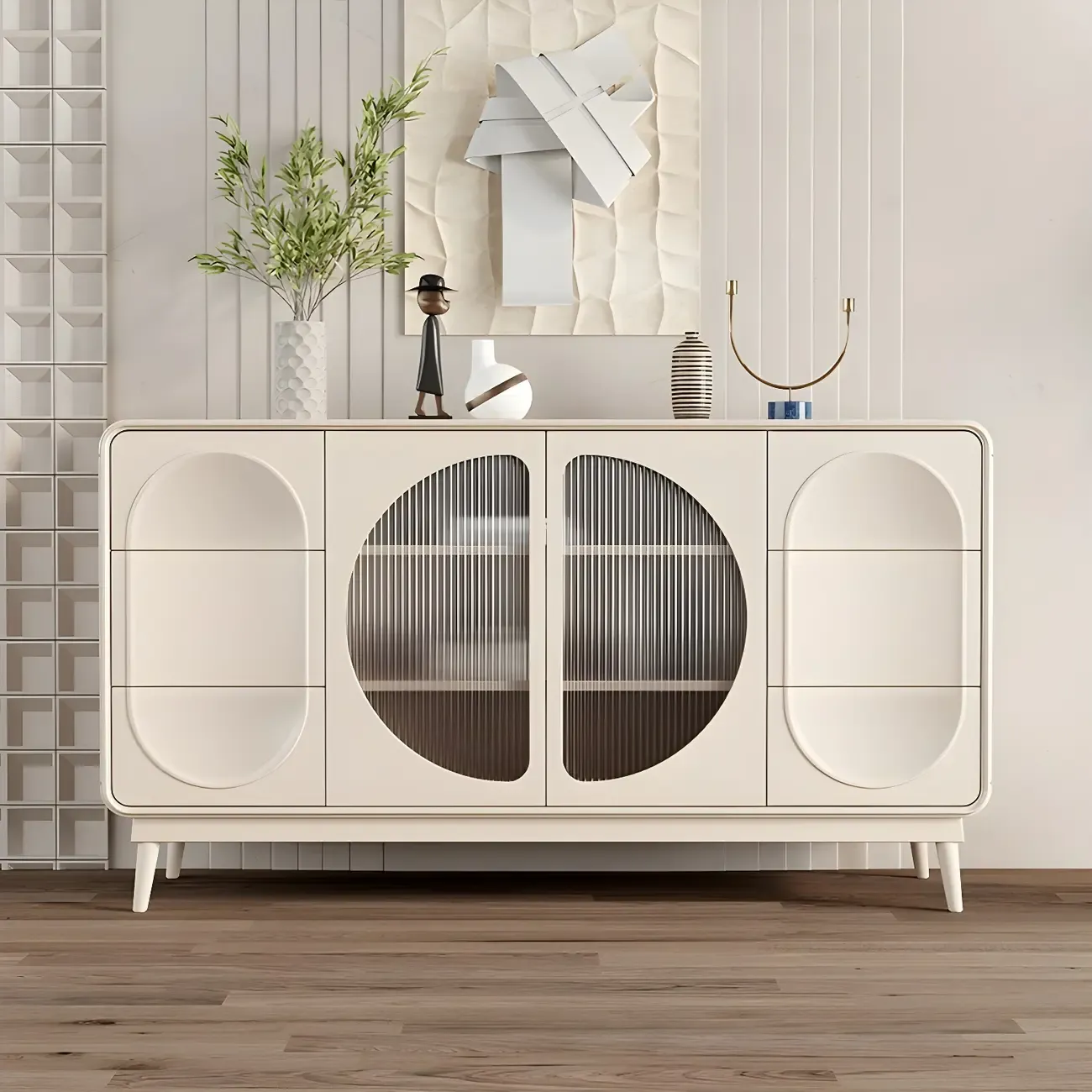 Modern White Wooden Glass No Handle Storage Cabinet
