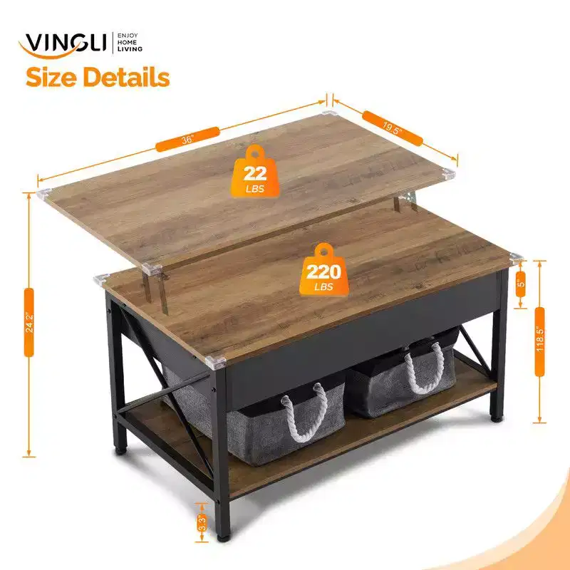 Adjustable Side X-shaped Metal Frame Rectangular P2 Board Brown Panel Black Wood Grain Side Panel Coffee Table