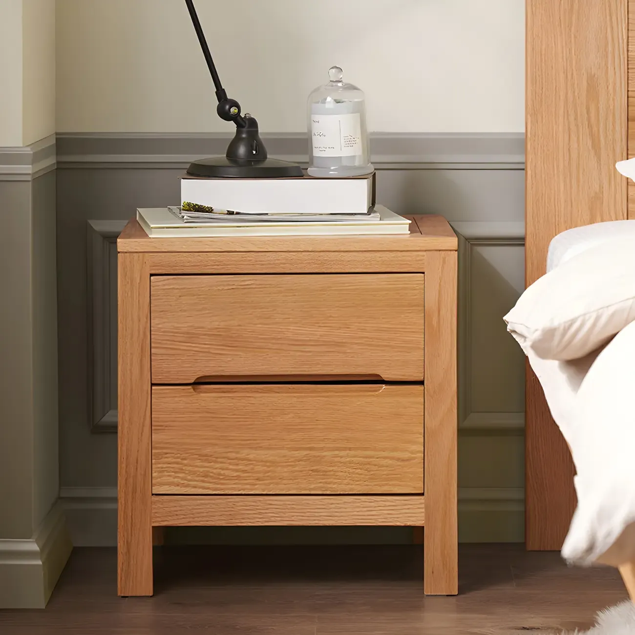 Rectangular Natural Wood 2 Drawer Bedside Nightstand