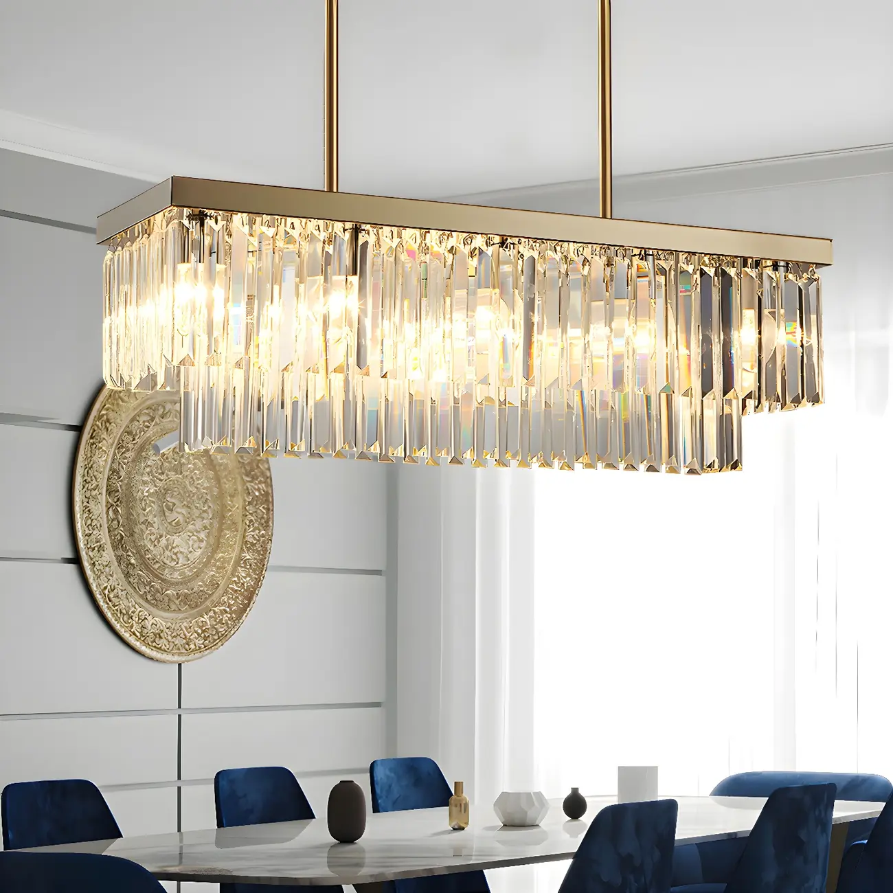 Modern Large Crystal Rectangle Island Pendant Light
