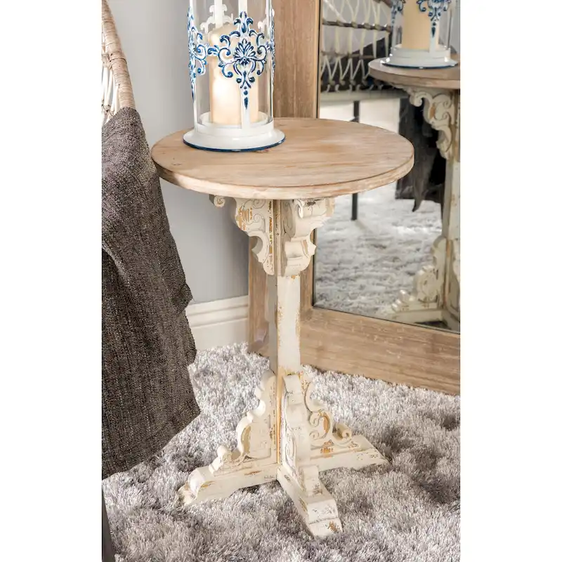 Wood Scroll Intricately Carved Accent End Table, Rustic Brown Gray Cream Side Table