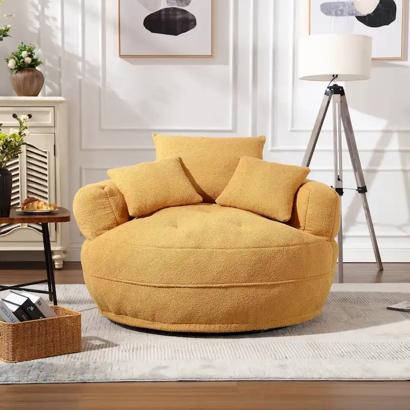 Boucle Upholstered Tufted Barrel Accent Living Room Chair With Toss Pillows