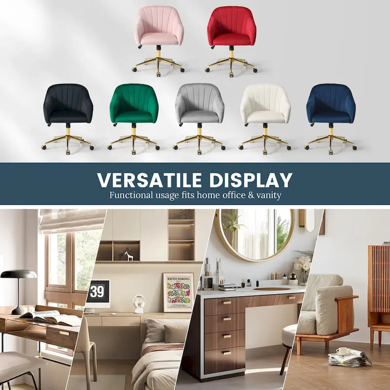 Farrah Velvet Tufted Adjustable Height Swivel Office Vanity Chair with Gold Base