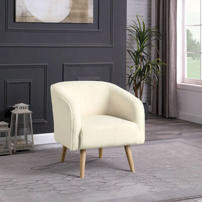 Sherpa Accent Chair with Solid Wood Legs, Cream Upholstered Armchair for Living Room