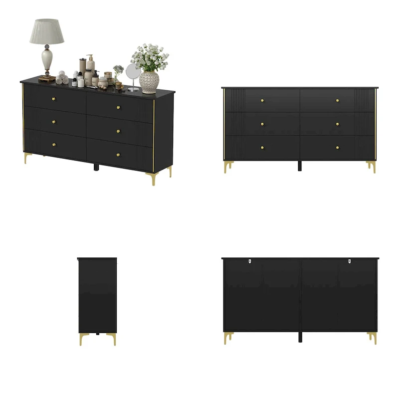 White Lacquer Dresser 6 Drawer Dresser with Metal Handle and Legs