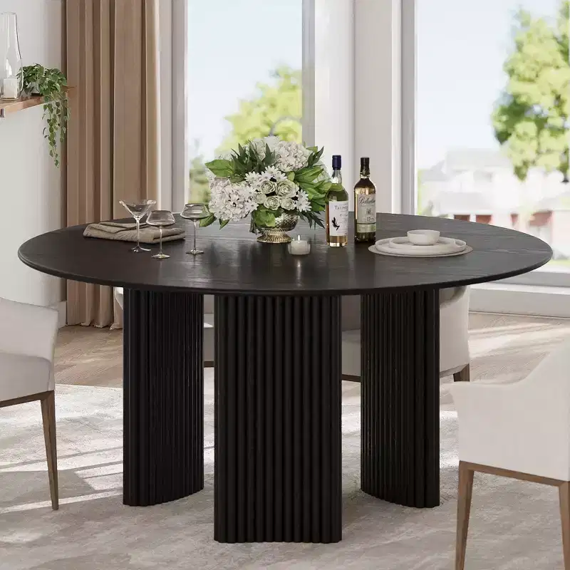 60 Modern Round Dining Table with Striped Column Legs Solid Wood Kitchen Table Anti-Scratch Footpads for Dining Room & Kitchen Bar in Black