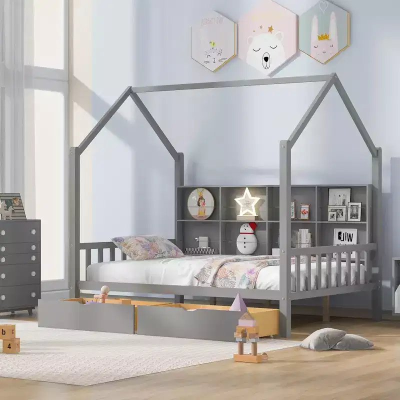Wooden Platform House Bed with Trundle and Shelf-ModernLuxe