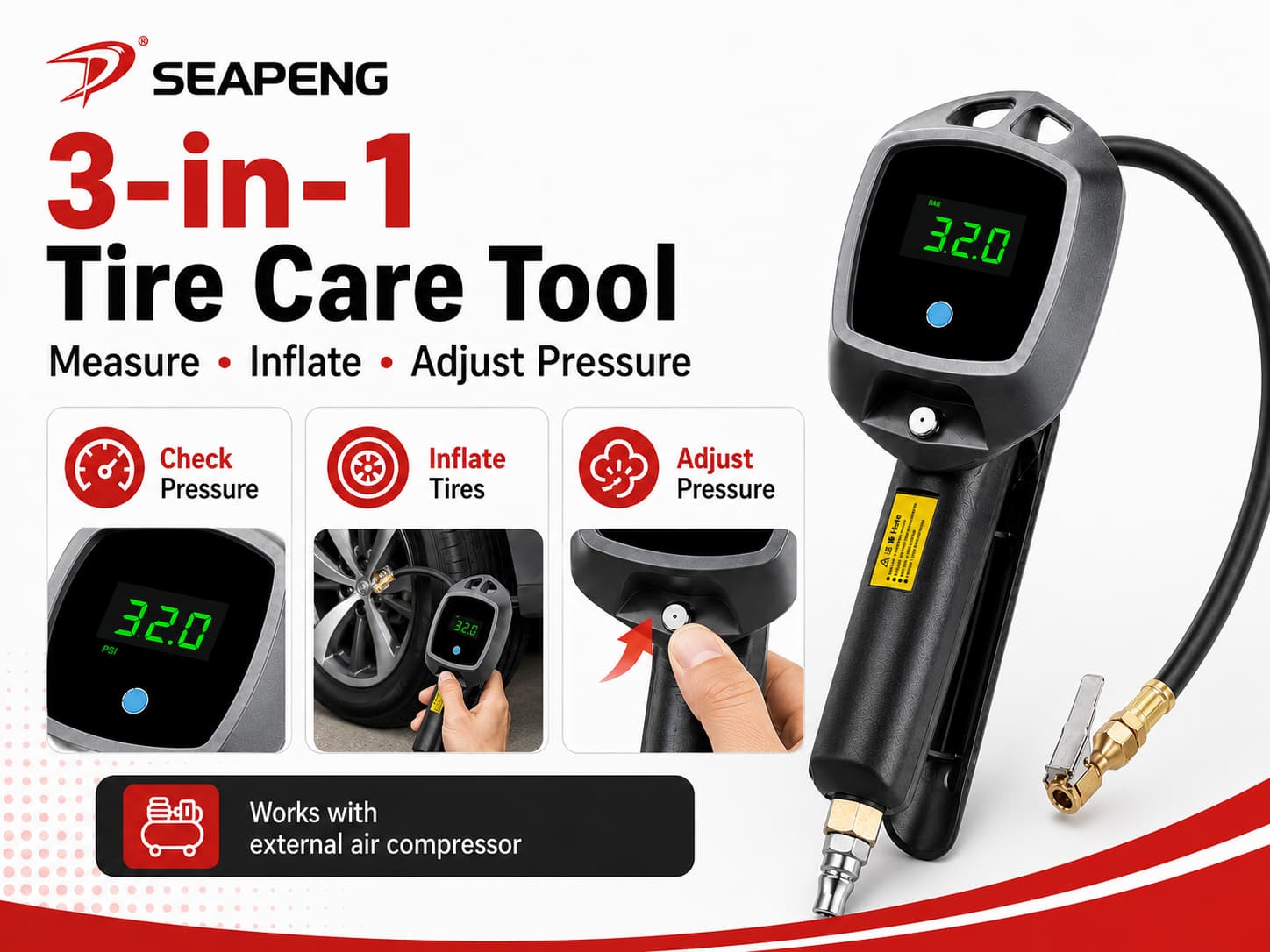 SEAPENG BW-E02 LCD screen auto-off tire inflator gauge