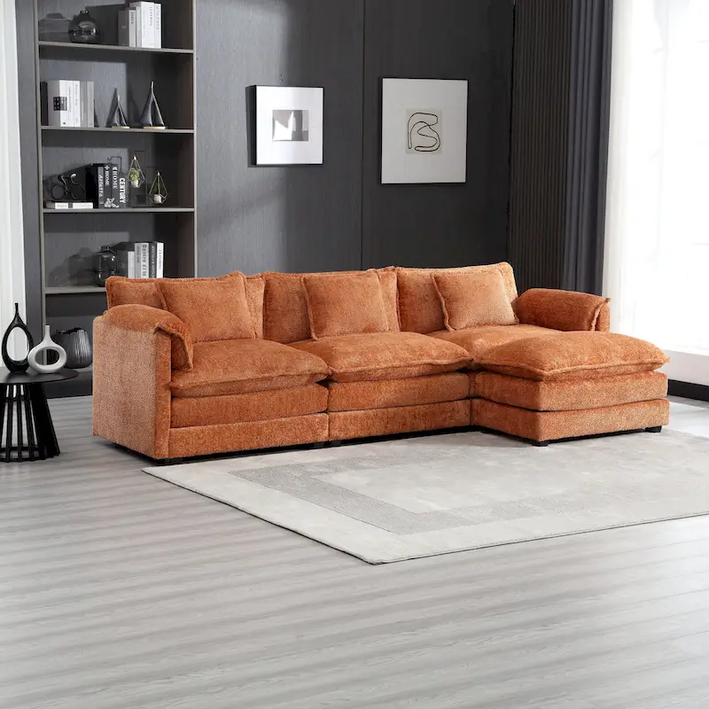 Orange 112.2  L-Shaped 4-Seat Sectional Sofa in Modern Boucle Fabric with Removable Cushions and Detachable Armrests