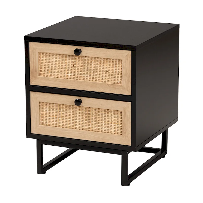 Baxton Studio Declan Mid-Century Modern Espresso Brown Finished Wood and Natural Rattan 2-Drawer End Table