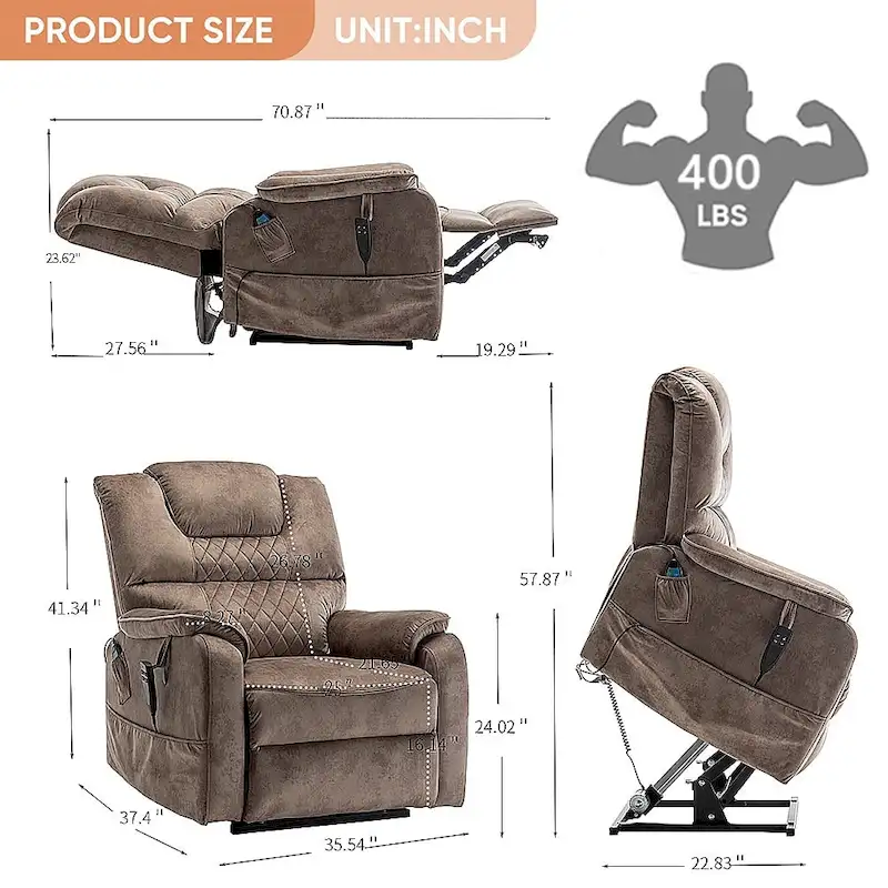 Dual Motor Power Lift Recliner, Brown/Yellow/Black, Heat & Massage, 180°, Seats 1