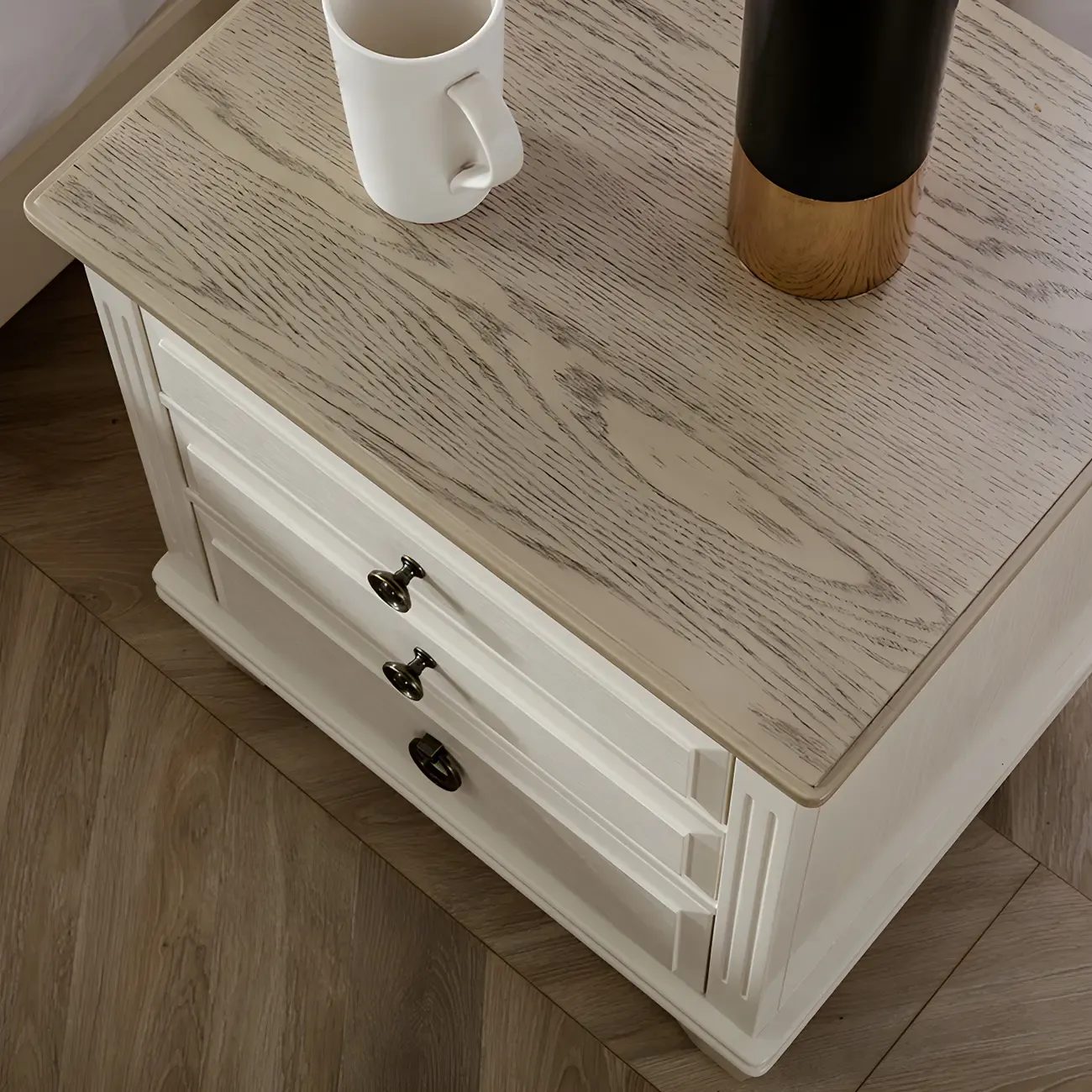 Beige Oak Wood 3-Drawer Standard Nightstand