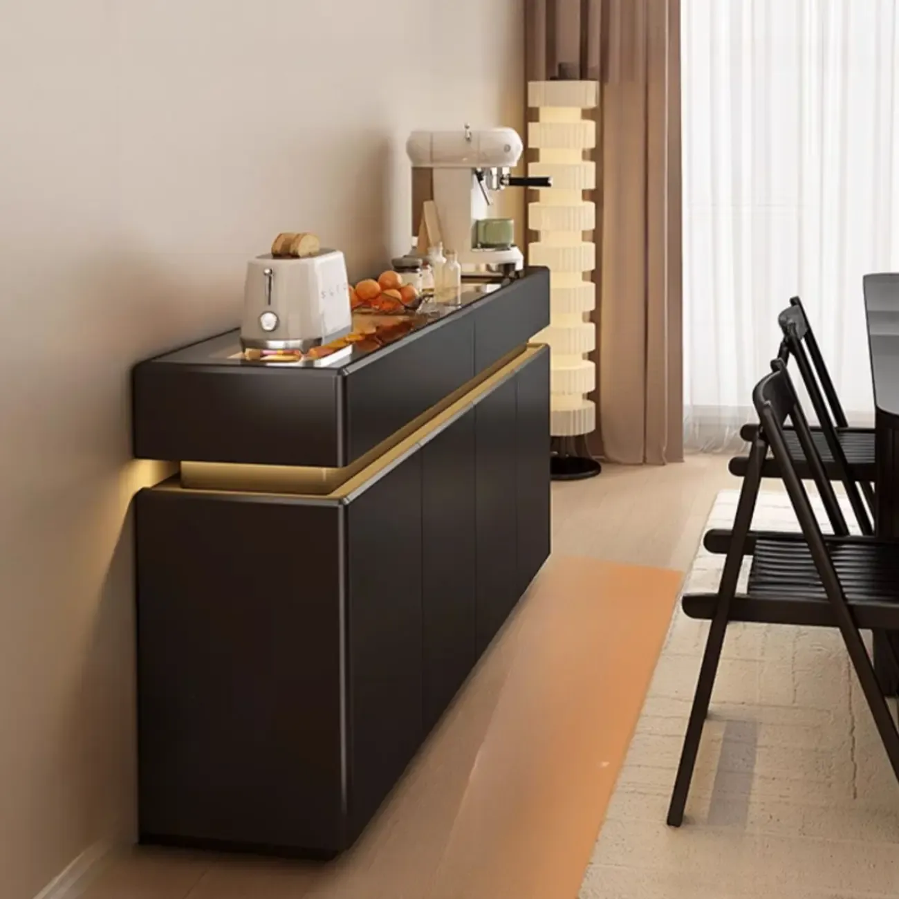 LED Light Wooden Glass Black Sideboard with Drawers Shelves