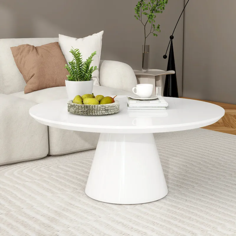 Modern Cone Coffee Table for Living Room, High Gloss Finish, 35.4in Diameter, Black or White