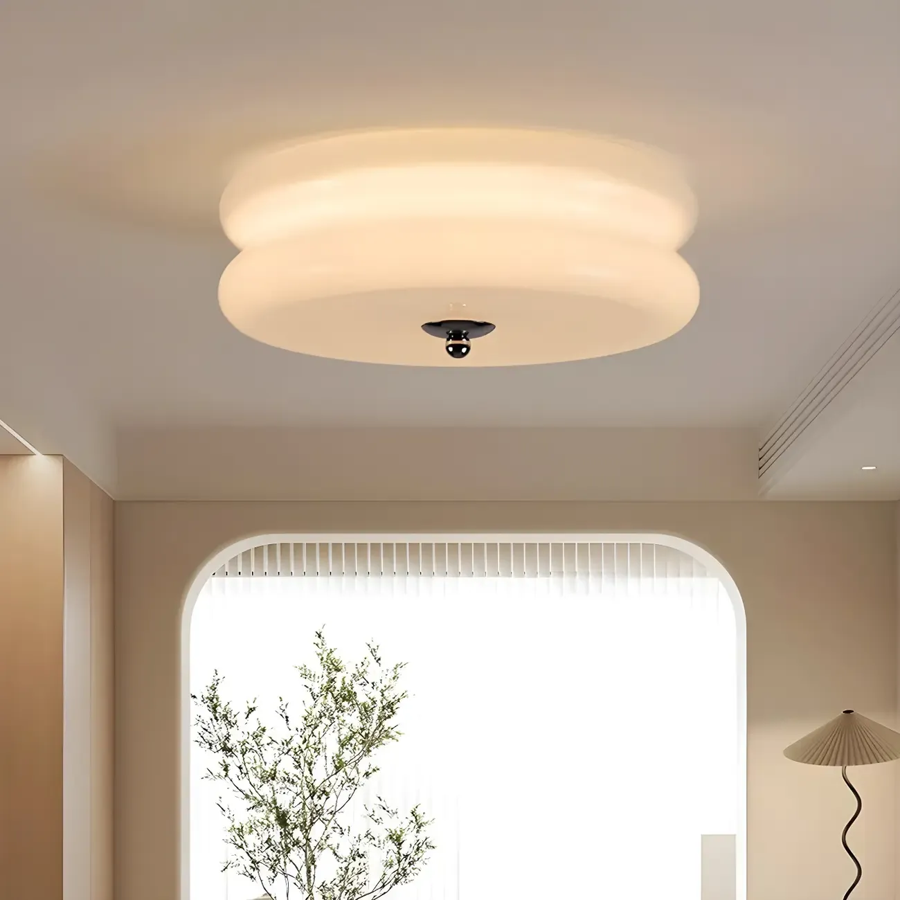 Modern Creamy Round Double-Tier Glass LED Flush Ceiling Light