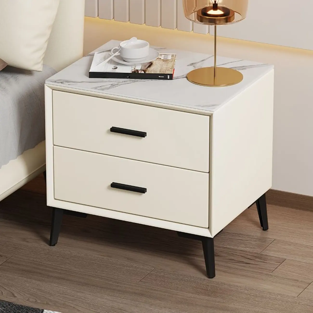 Modern white bedside table with two storage drawers