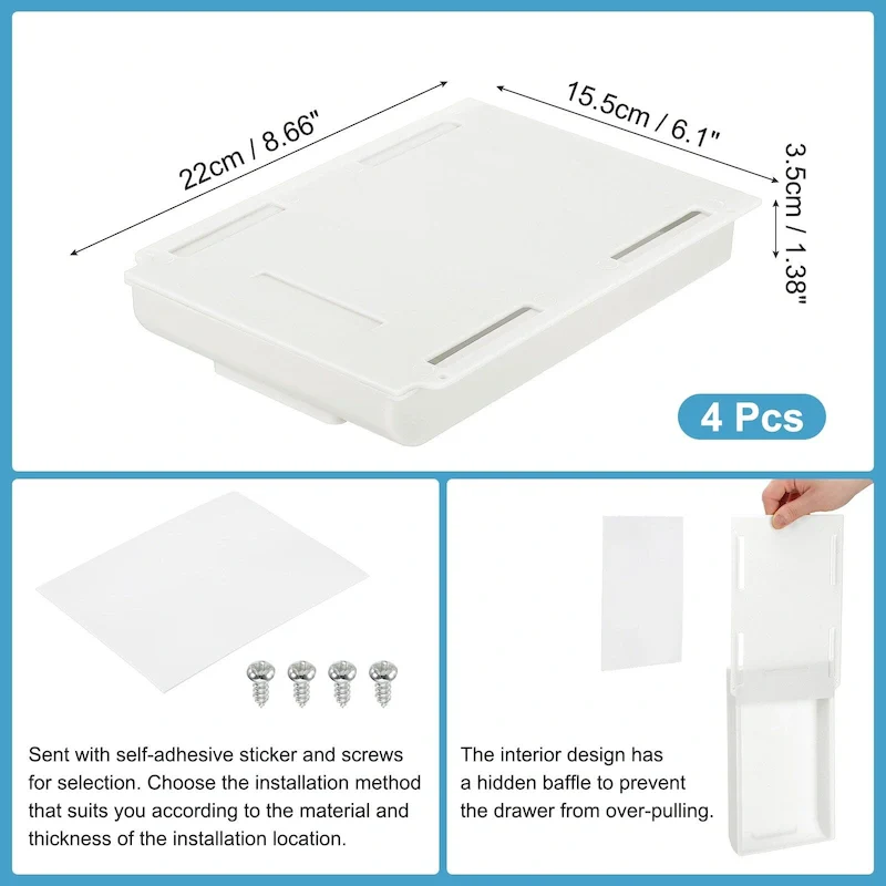 4 Pcs Self-Adhesive Under Desk Drawer for Standing Desk Office - 8.66 x 6.1 x 1.38 inches