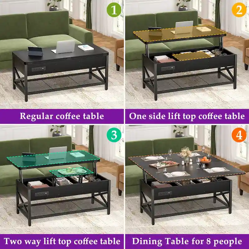 Modern Black Expandable Lift Top Coffee Table Converts to Dining Table with LED Light and Power Outlet