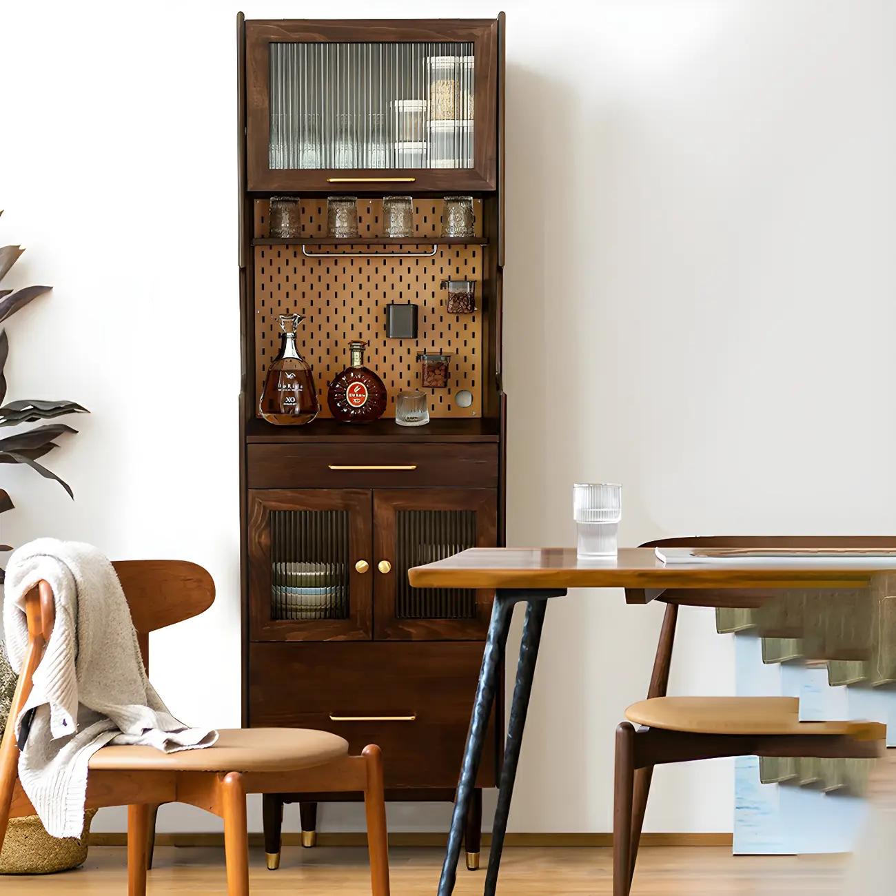 Adjustable Walnut Wood Glass Doors Dining Hutch Cabinet