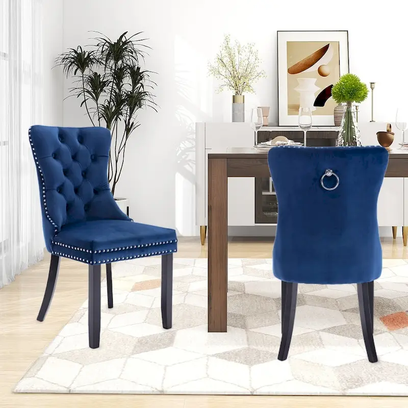 Set of 2 Velvet Dining Chairs,Tufted Solid Wood Armless Chairs Accent Chair with Nailhead Trim and Back Ring Pull - N/A