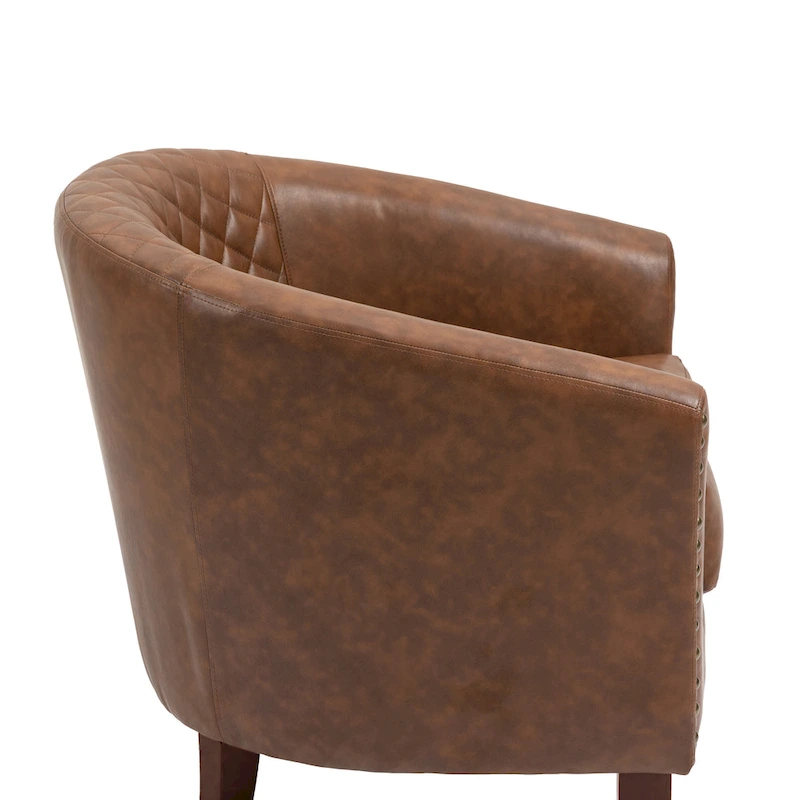 2 Set Vegan Leather Barrel Accent Chairs with Nailheads Trim