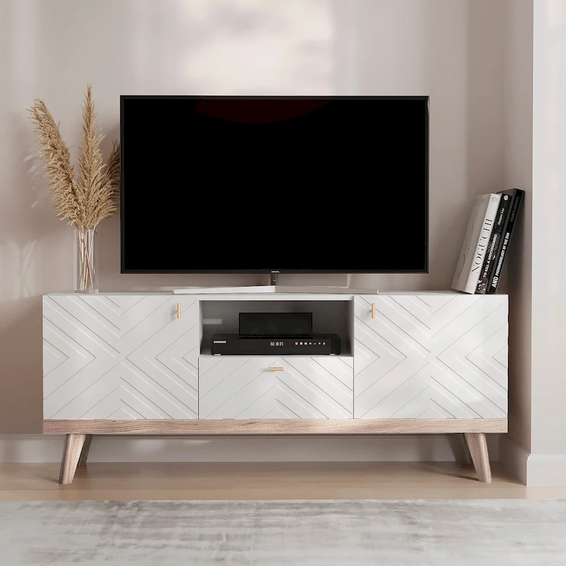 Living Skog Alba Beige TV Stand Console with Drawer Fits TV's up to 65 in. with Wood Legs Mid Century Modern Design