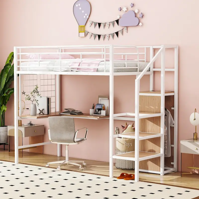 Twin Size Metal Loft Bed with Desk and Wardrobe, Lateral Storage Ladder