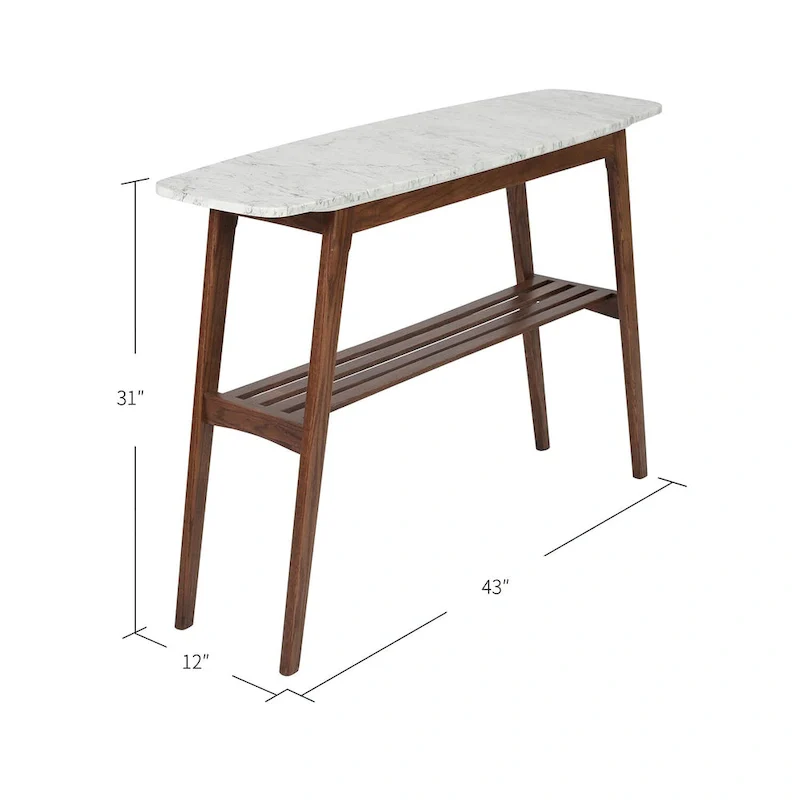 Castello 43 Rectangular Italian Carrara White Marble Console Table with Shelf - 43L x 12W x 31H - 43L x 12W x 31H