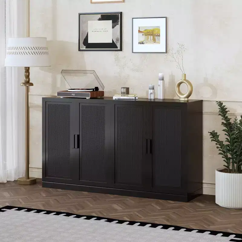PexFix 36x31x16 Rattan Wood Accent Cabinet with Adjustable Shelf Storage Cabinet Black