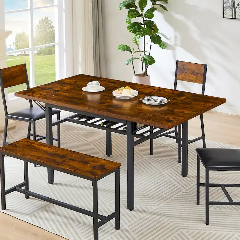 Modern Industrial 63.2  Extendable Dining Table w/Drop Leaf, Seats 6