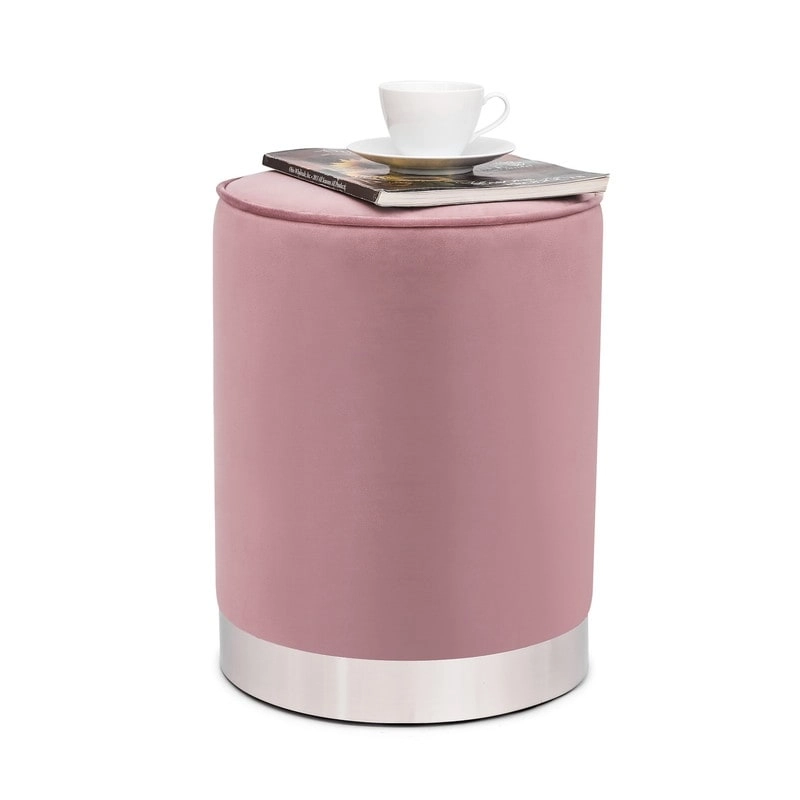 Adeco Vanity Upholstered Round Velvet Ottoman Footstool Silver Trim