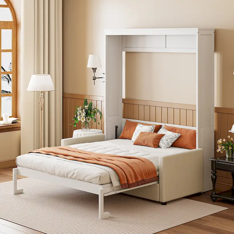 White Full Size Multifunctional Murphy Bed with Cushion and Storage