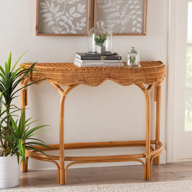 42-Inch Modern Bohemian Natural Rattan Console Table with Half-Moon Top, Scalloped Details for Entryway