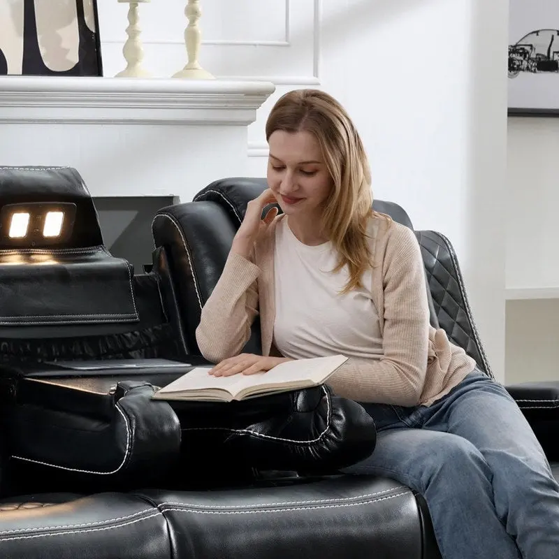 Power Reclining Sofa with Wireless Charger & LED Light – Faux Leather, Black