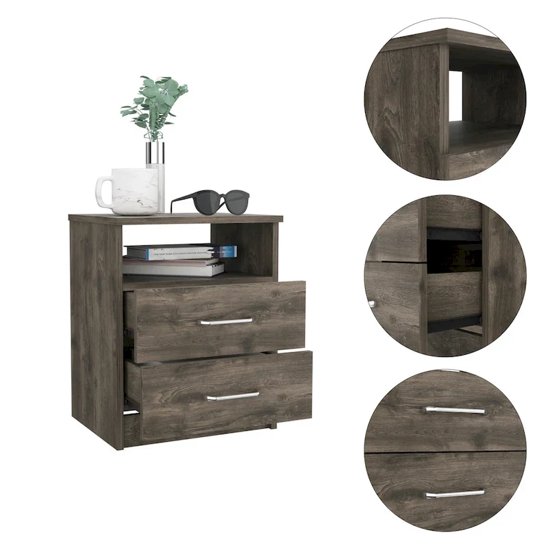 2-Drawer Nightstand with Open Shelf – Black / Dark Brown / Light Oak / White / Light Gray