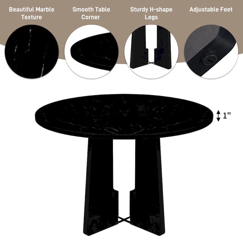 5 Pcs Wood Kitchen Table and Chair Set, 4 People Round Dining Table Set with Faux Marble Top and 4 Upholstered Chairs