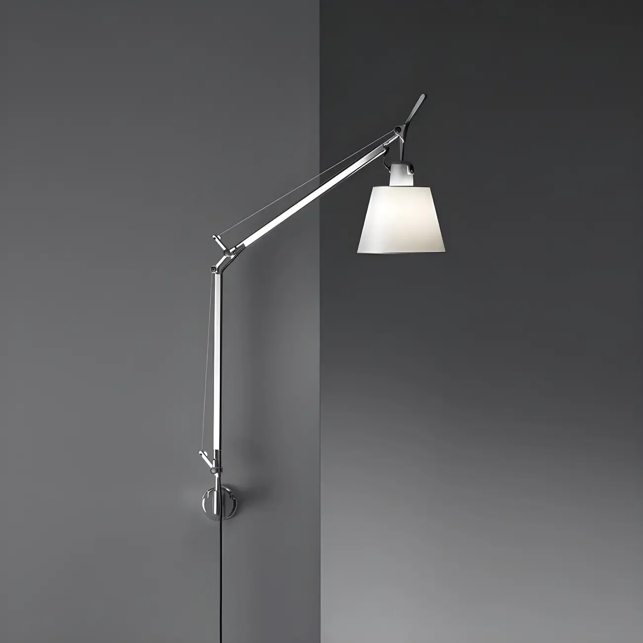 Industrial Silver Swing Arm Wall Light with White Fabric Shade