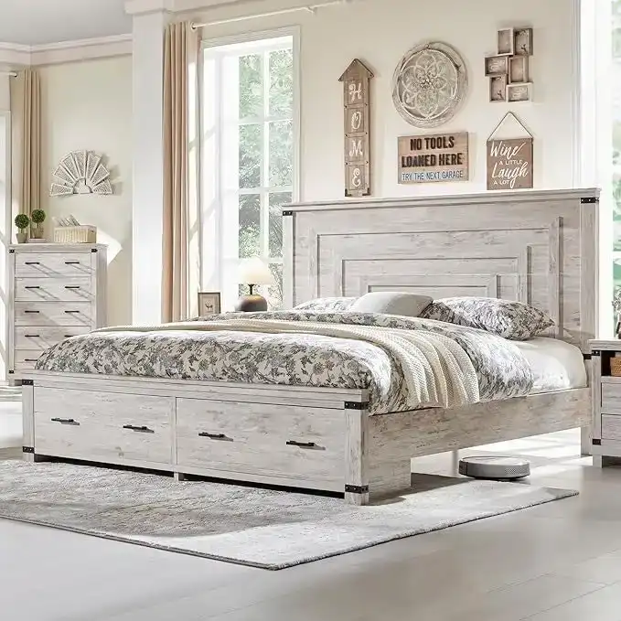 Farmhouse Queen Size Bed Frame w/ 54 Tall Headboard & 2 Large Drawers