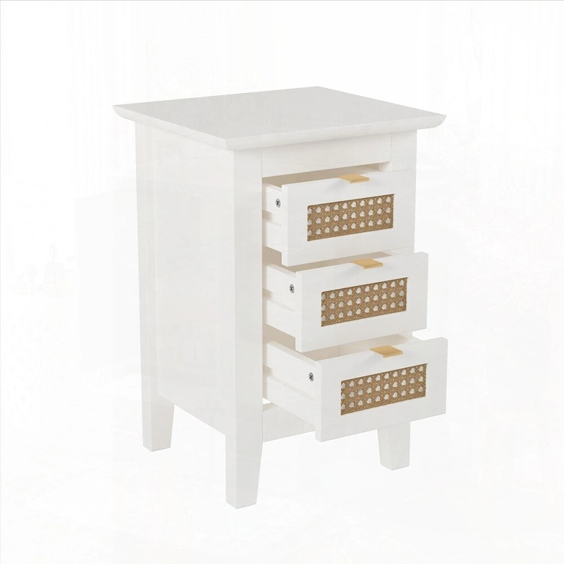 Wooden Nightstands Set of 2 with Rattan-Woven Surfaces and Three Drawers