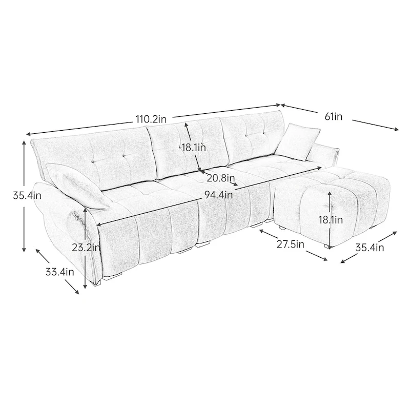 110.2 Chenille 3-Seater Sofa Set with Ottoman and Pillows, Solid Wood Frame and High-Resilience Cushions