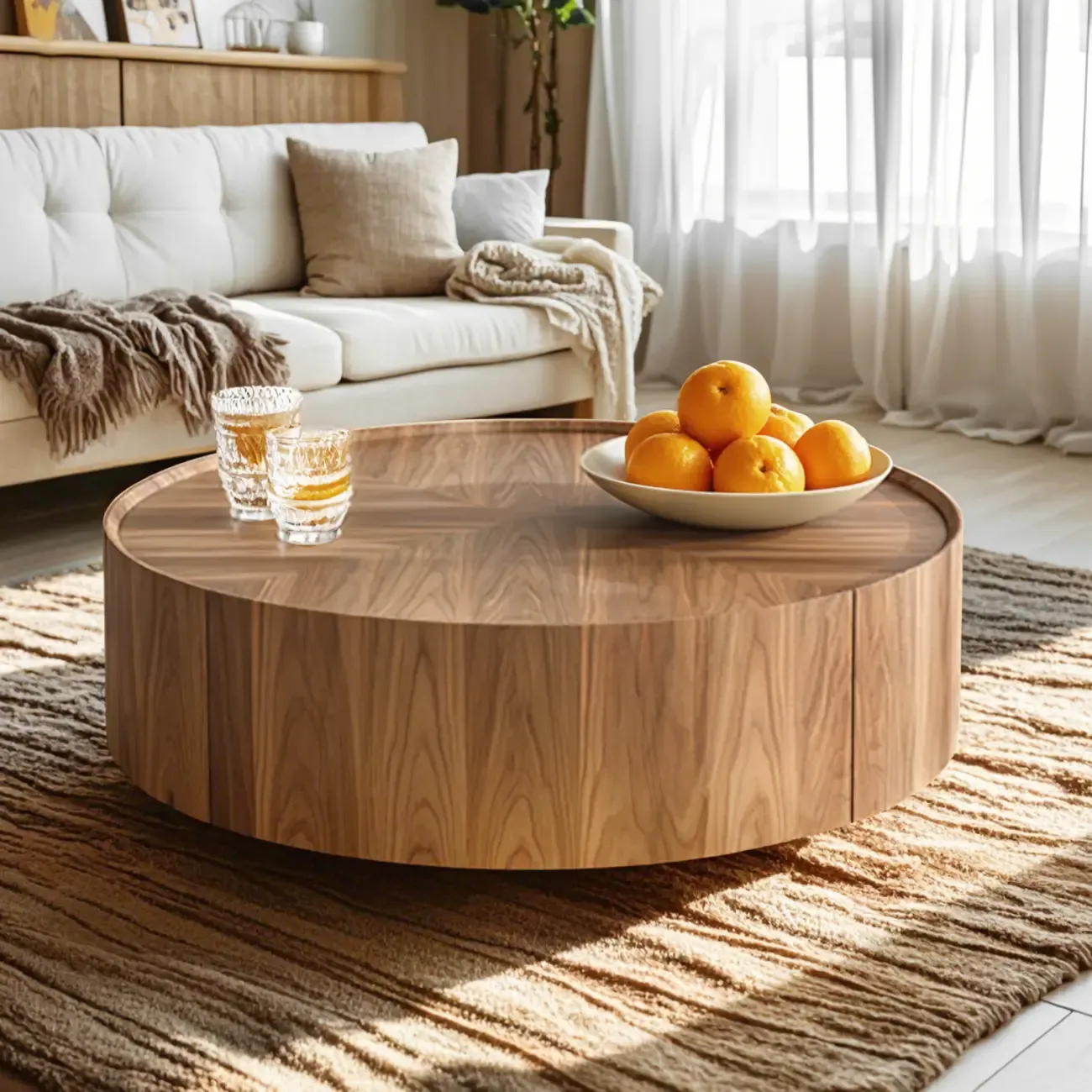 Brown Round Wood Tray Top 2 Drawers Coffee Table
