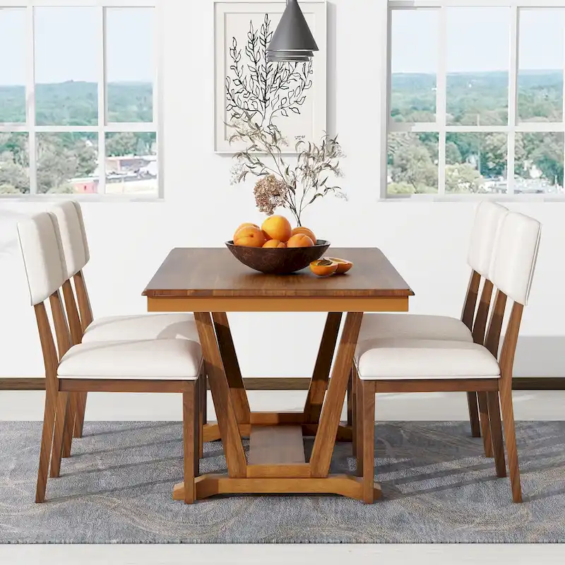 5-Piece Wooden Dining Table Set with 59  Rectangular Table & 4 Chairs