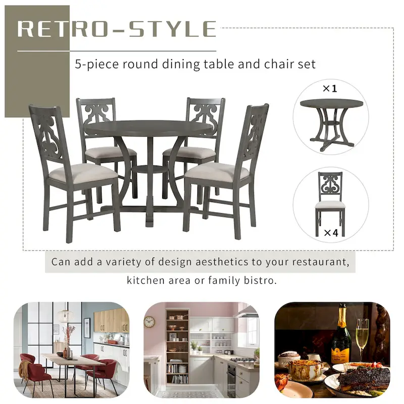 Retro 5-Piece Wooden Dining Table Set with 4 Chairs & Round Table