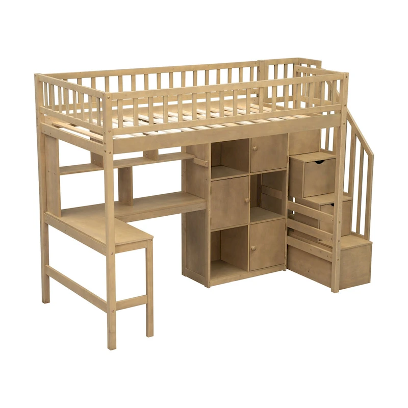Solid Wood Twin Size Loft Bed w/ Built-in Desk, High LED Loft Bed w/Storage Shelves, Cabinets & Staircase, Full-Length Guardrail