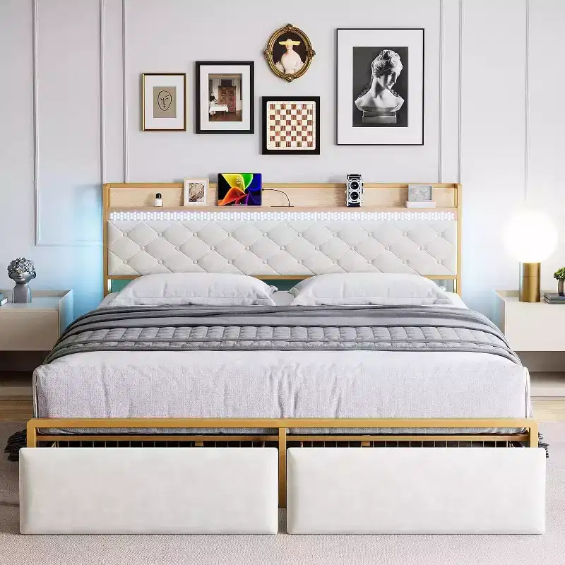 CuisinSmart Bed Frame with 2 Storage Drawers, LED Bed Frame with 2-Tier Storage HeadboardCharging Station, Metal Platform Bed Frame