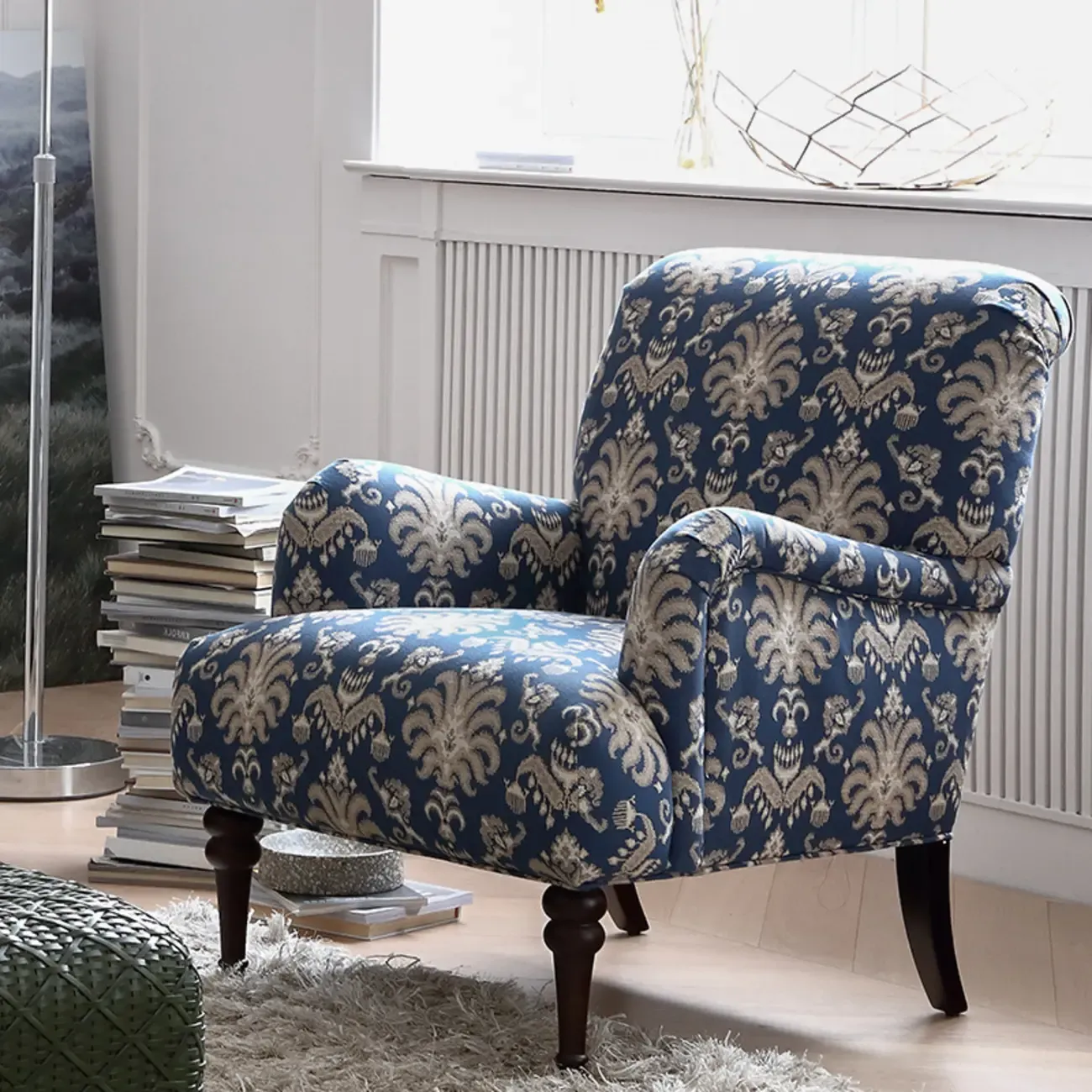 Striped Fabric Barrel Chair in Cerulean with Armrests